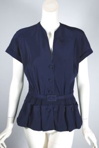 Navy blue crepe belted late 1940s peplum blouse XS-S