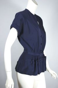 Navy blue crepe belted late 1940s peplum blouse XS-S - Fashionconservatory.com