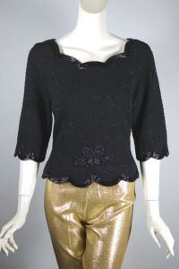 Black wool beaded 1950s-60s top evening blouse scalloped hem