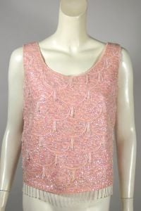 Pastel pink wool knit beaded fringe evening top 1960s sleeveless