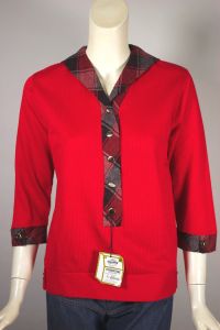 Ribbed red black plaid cotton sailor collar top 1960s deadstock XS-S