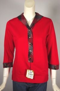 Ribbed red black plaid cotton sailor collar top 1960s deadstock M