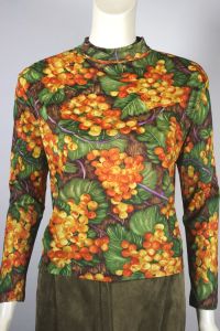 Earth tones golden grapes print jersey knit 70s mockneck top deadstock M