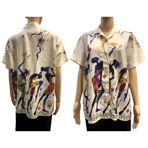 80s Rayon Shirt Colorful African Dancers Print