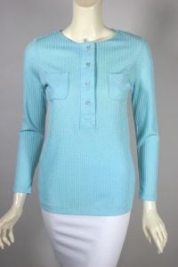 Slinky nylon ribbed knit mod 1960s top aqua blue henley deadstock S-M