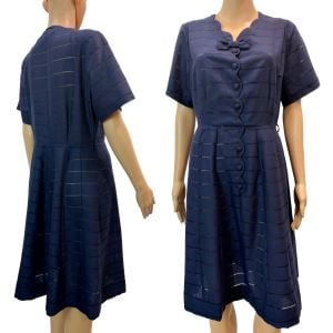 1950s Navy Blue Day Dress with Scalloped Neckline