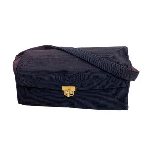 40s Dark Blue Cordé Box Bag w Gold Clasp & Feet