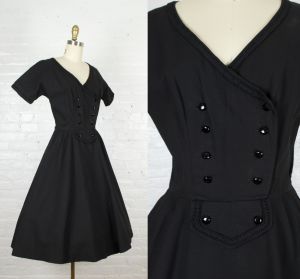 1950s cotton day dress . vintage 1950s black dress by Kenneth Tischler