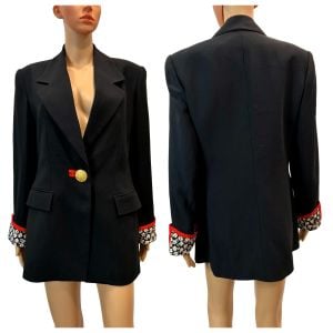 90s Black Tailored Blazer with Removable Floral Dickie & Red Accents - Fashionconservatory.com