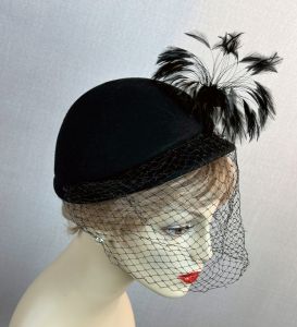 Vtg Black Felt Feathered Veiled Derby Hat