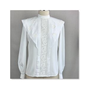 Vintage 1990s White Rose Applique Blouse with Mandarin Collar and Long Sleeves by Philippe Marques