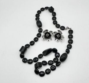 Vintage 50s Demi Parure Black Single Strand Necklace and Black and White Clip On Earrings, Married S