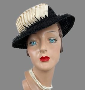 Vintage 40s Black Straw Brimmed Tilt Hat with Grosgrain Cockades, Placement Band - Fashionconservatory.com