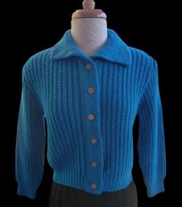 Vintage 50s Pandora Chunky Mixed Knit  Cropped Blue Cardigan Sweater, Size Medium