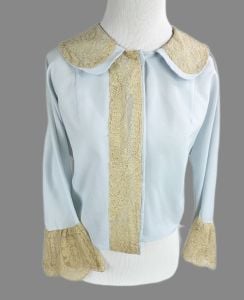 Vintage Handmade Blue Nylon and Tan Lace Bedjacket - Fashionconservatory.com