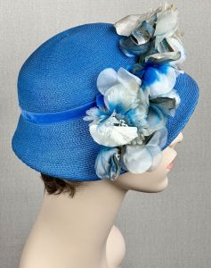 Vintage 60s Sky Blue Straw Asymmetrical Cloche Style Hat with Silk Florals - Fashionconservatory.com