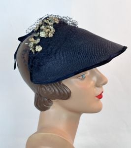 Vintage 1950s Navy Blue Half Hat Bonnet by Gene Doris