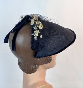 Vintage 1950s Navy Blue Half Hat Bonnet by Gene Doris - Fashionconservatory.com