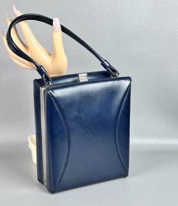 Vintage 50s Navy Blue Box Handbag - Purse