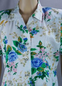 80s Floral Cotton Button Front Short Sleeve Blouse, B38 - Fashionconservatory.com