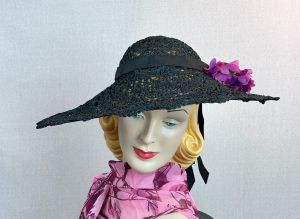 Vintage 1930s Black Straw Novelty Braid Wide Brim Hat