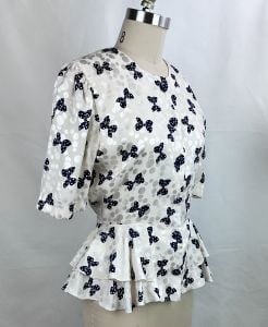 Vintage 80s Adrianna Papell Silk Bow Blouse with Peplum, Sz 8, Short Sleeves