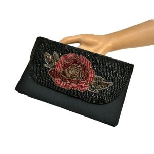 80s Black Satin Beaded Clutch Purse | Handmade Evening Bag w Rose Glass Bead Design 