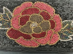 80s Black Satin Beaded Clutch Purse | Handmade Evening Bag w Rose Glass Bead Design  - Fashionconservatory.com