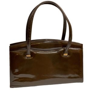 60s Brown Patent Leather Top Handle Frame Bag 