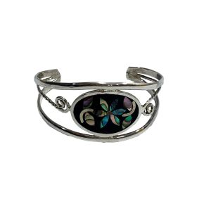 80s Mexico Silver & Mother of Pearl Floral Inlay Cuff Bracelet | Small