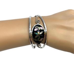80s Mexico Silver & Mother of Pearl Floral Inlay Cuff Bracelet | Small - Fashionconservatory.com