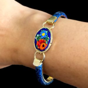 Blue Faux Snakeskin Bangle with an Italian Glass Floral Mosaic - Fashionconservatory.com