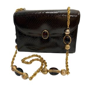 60s Brown Snake Stamp Box Bag with Fancy Chain & Glass Bead Strap