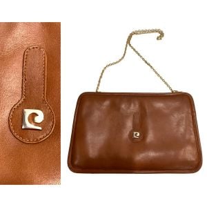 70s British Tan Leather Shoulder Bag Gold Logo & Chain 