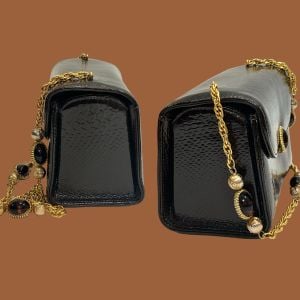 60s Brown Snake Stamp Box Bag with Fancy Chain & Glass Bead Strap - Fashionconservatory.com