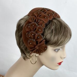 Vintage 50s Brown Velour Beaded Clip Hat, Halle Bros. Co.