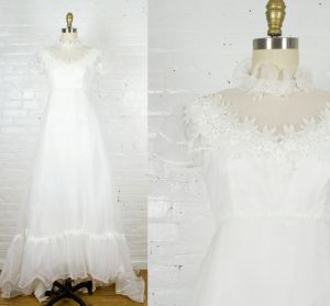 1970s white bohemian lace short sleeve wedding dress with empire waist train . xsmall