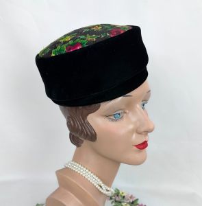Vintage 60s Black Velvet and Brocade Pillbox Hat