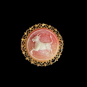 Vintage Molded Resin Cameo Brooch with Taurus Zodiac Motif