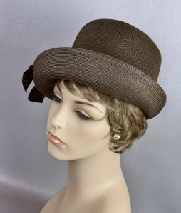 Vintage 1960s Brown Straw Deep Crown Upturned Brim Hat