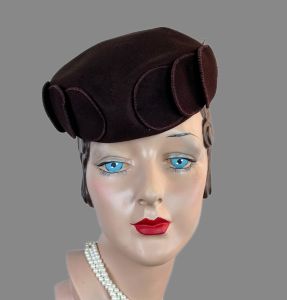 Vintage 40s Brown Felt Tilt Hat with Placement Band, Petal Hat, The May Co, New York Creations - Fashionconservatory.com