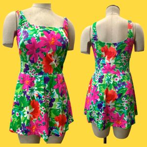80s Bright Floral One Piece Swimsuit w Skirt 