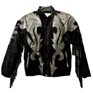 80s Black Suede Fringe Jacket Black Leather Appliqué Western Biker Coat S M - Fashionconservatory.com