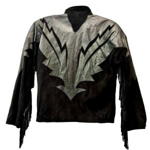 80s Black Suede Fringe Jacket Black Leather Appliqué Western Biker Coat S M - Fashionconservatory.com