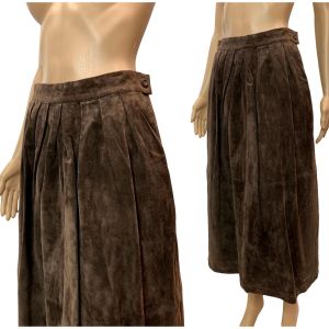 70s Soft Brown Suede Midi Skirt with Pleats | 27'' Waist