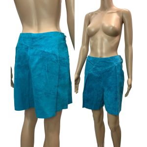 80s Turquoise SUEDE Shorts | Vintage Asymmetrical Soft Leather Suede | Small 28 - 28.5'' waist - Fashionconservatory.com