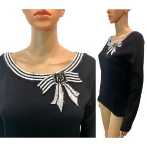 90s Beaded Bow Sweater – Black Knit Long Sleeve, Rhinestone & Glass Beads Embellished Neckline - Fashionconservatory.com
