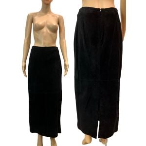 90s Y2K Black Suede Straight Maxi Skirt 