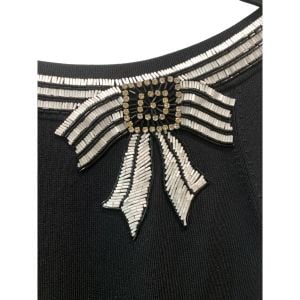 90s Beaded Bow Sweater – Black Knit Long Sleeve, Rhinestone & Glass Beads Embellished Neckline - Fashionconservatory.com