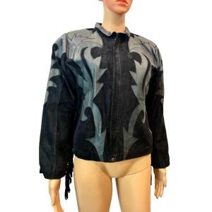 80s Black Suede Fringe Jacket Black Leather Appliqué Western Biker Coat S M